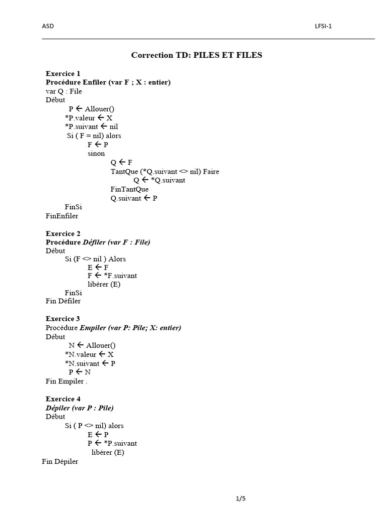Algorithmes sur Piles et Files en TD | PDF