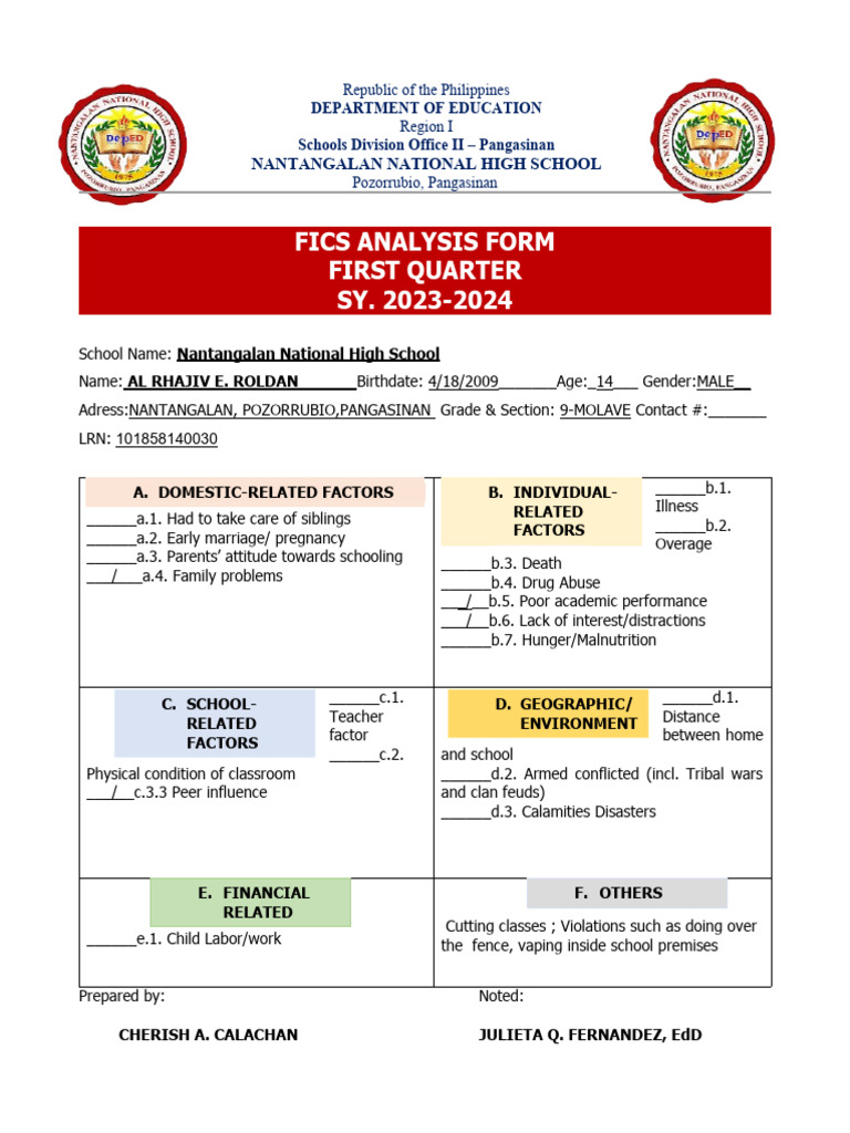 FICS Analysis Form for SY 2023-2024 | PDF | Living Arrangements | Human ...