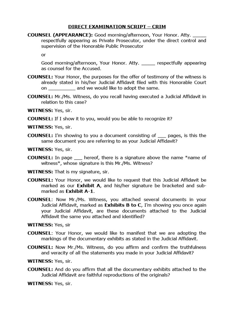 Direct Examination Script - Criminal Cases | PDF | Affidavit | Witness