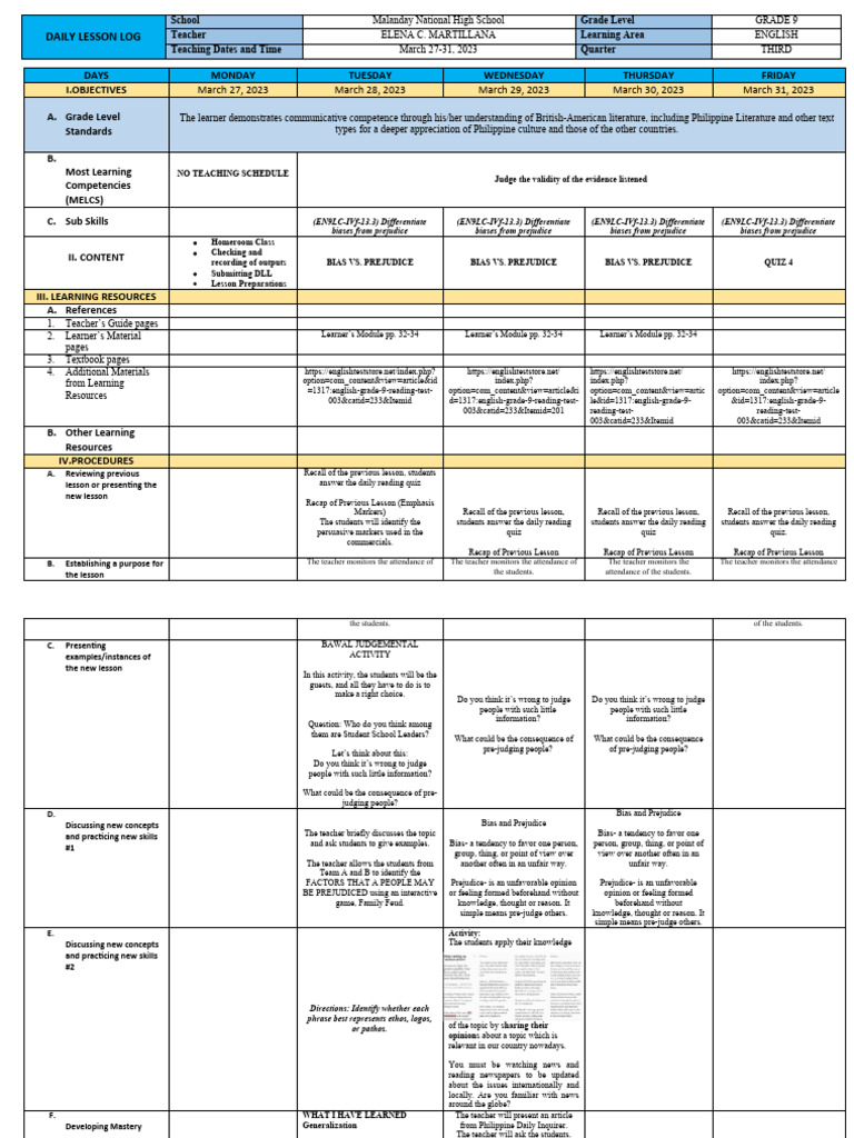 Grade 9 English Daily Lesson Log | PDF | Learning | Bias