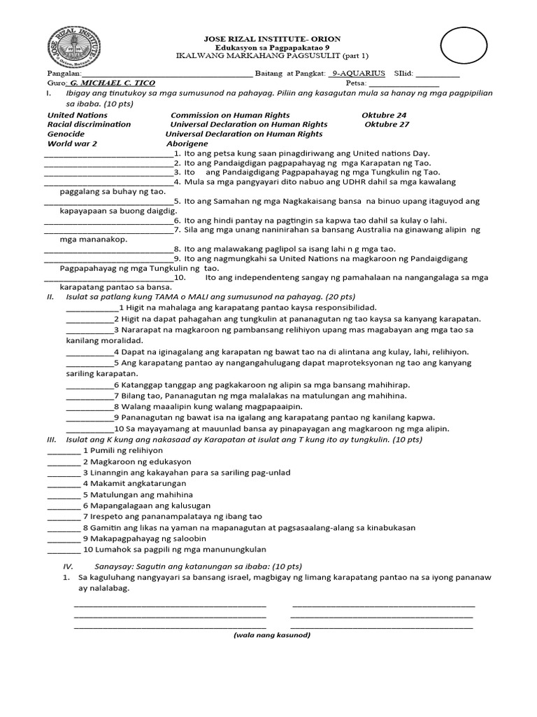 Esp 9 2nd Qrt Exam Part 1 Pdf