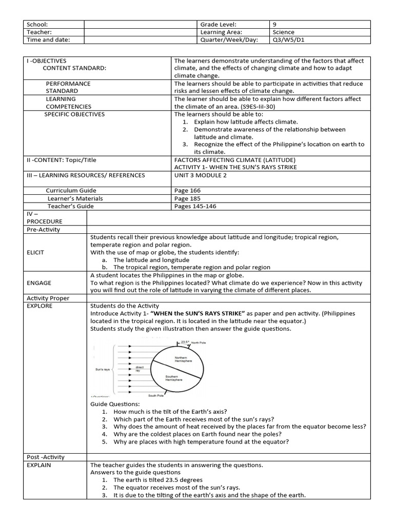 Lesson plan science 9 q3 pdf equator earth