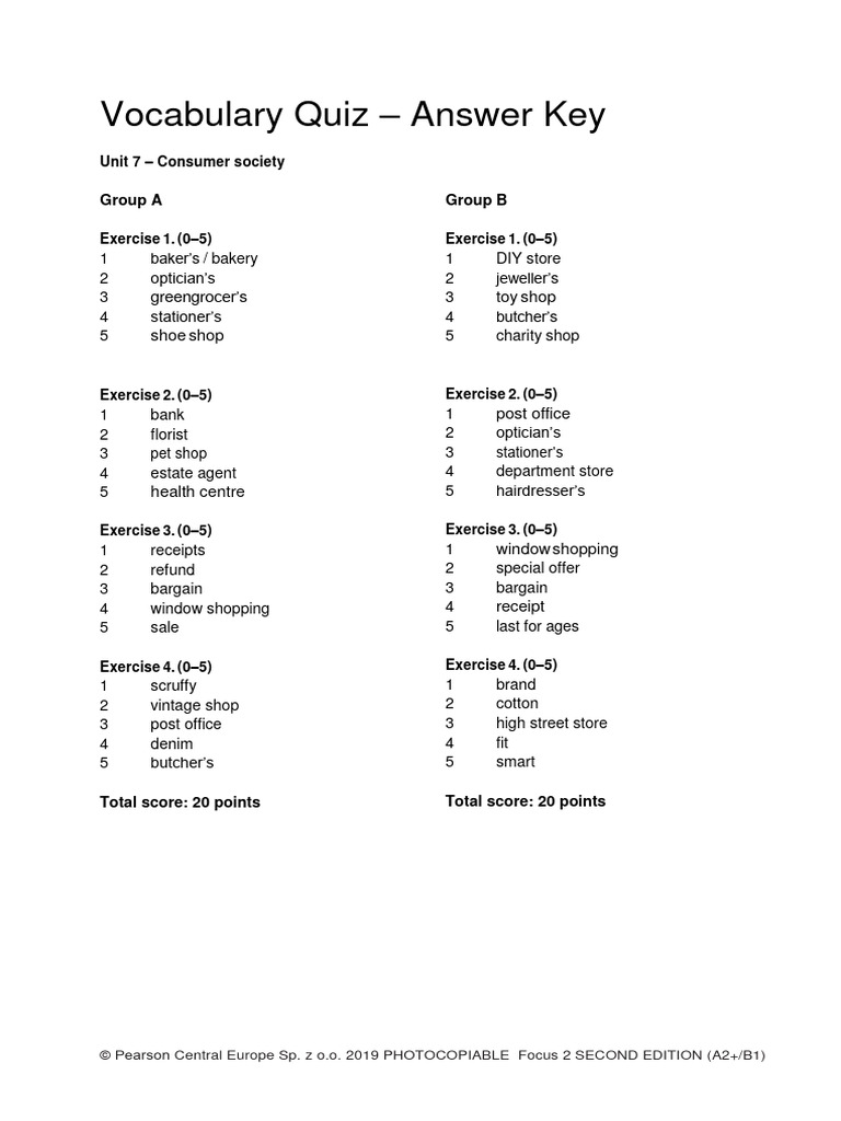Focus 2 2ed Vocabulary Quiz Unit7 GroupA&B ANSWERS | PDF