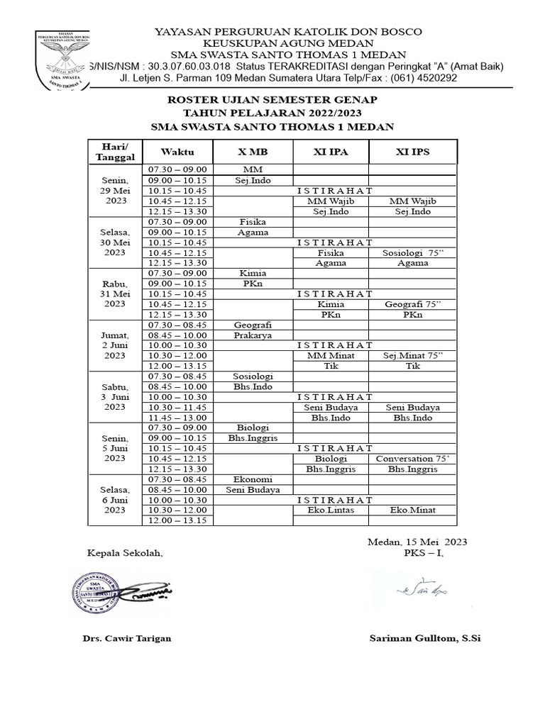 Roster Ujian Semester SMA Santo Thomas | PDF