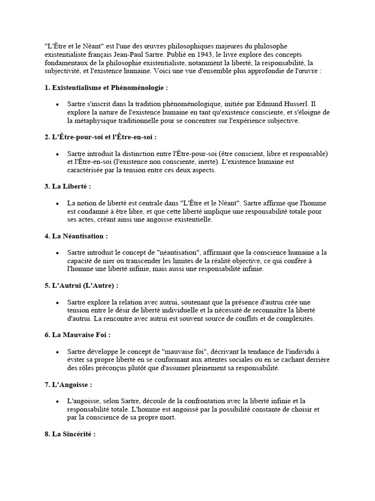 Sartre : Liberté et Néant dans l'Existence | PDF | Existentialisme ...