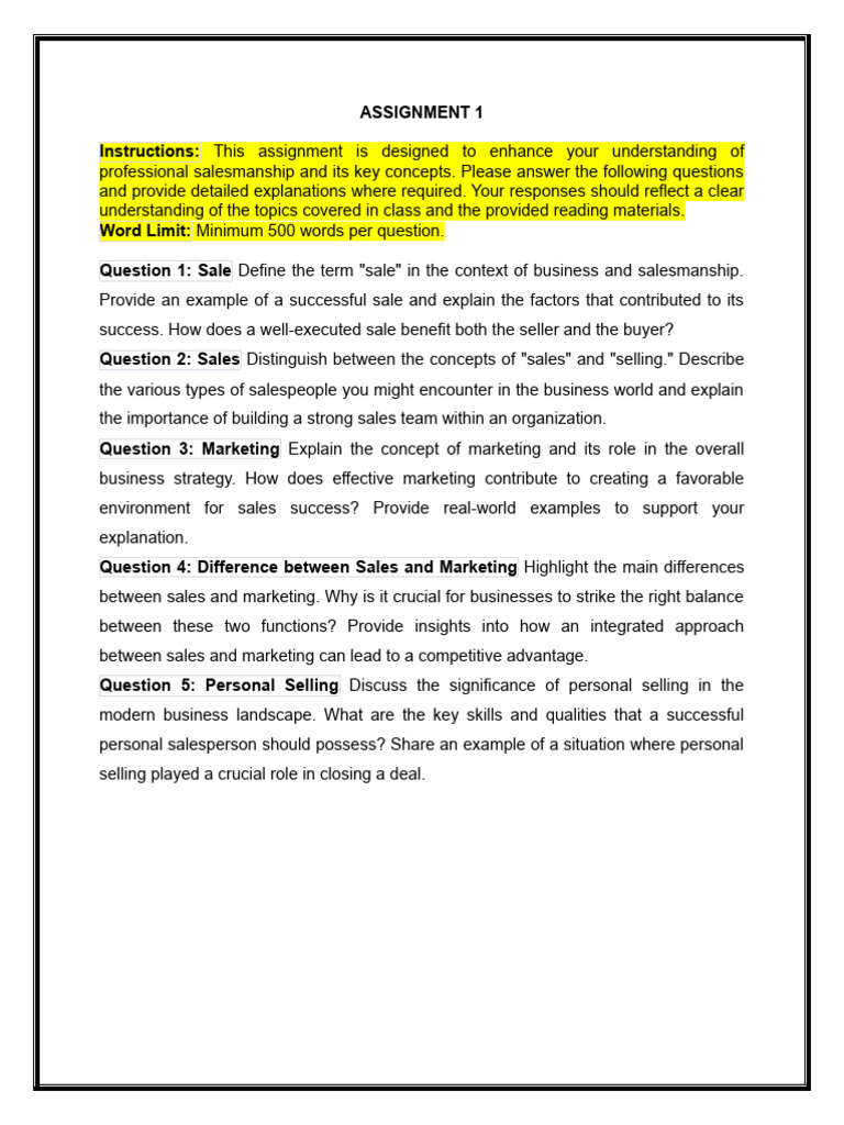 Professional Salesmanship Assignment Guide | PDF | Sales | Target Audience