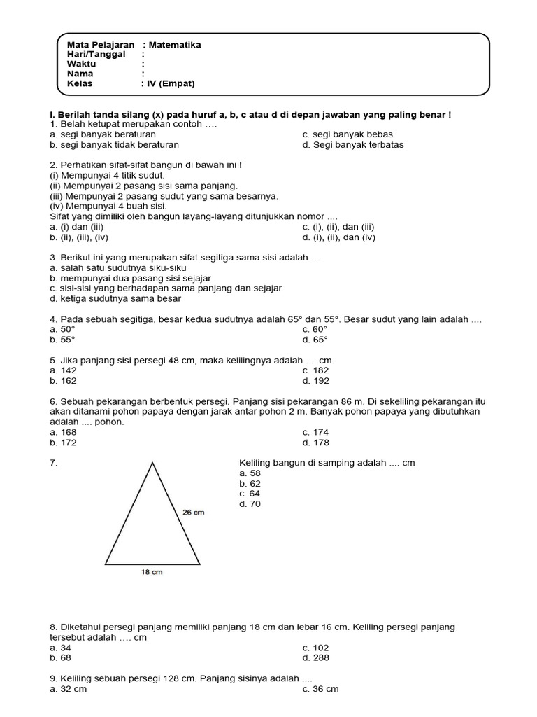Soal Matematika Kelas 4 Pdf