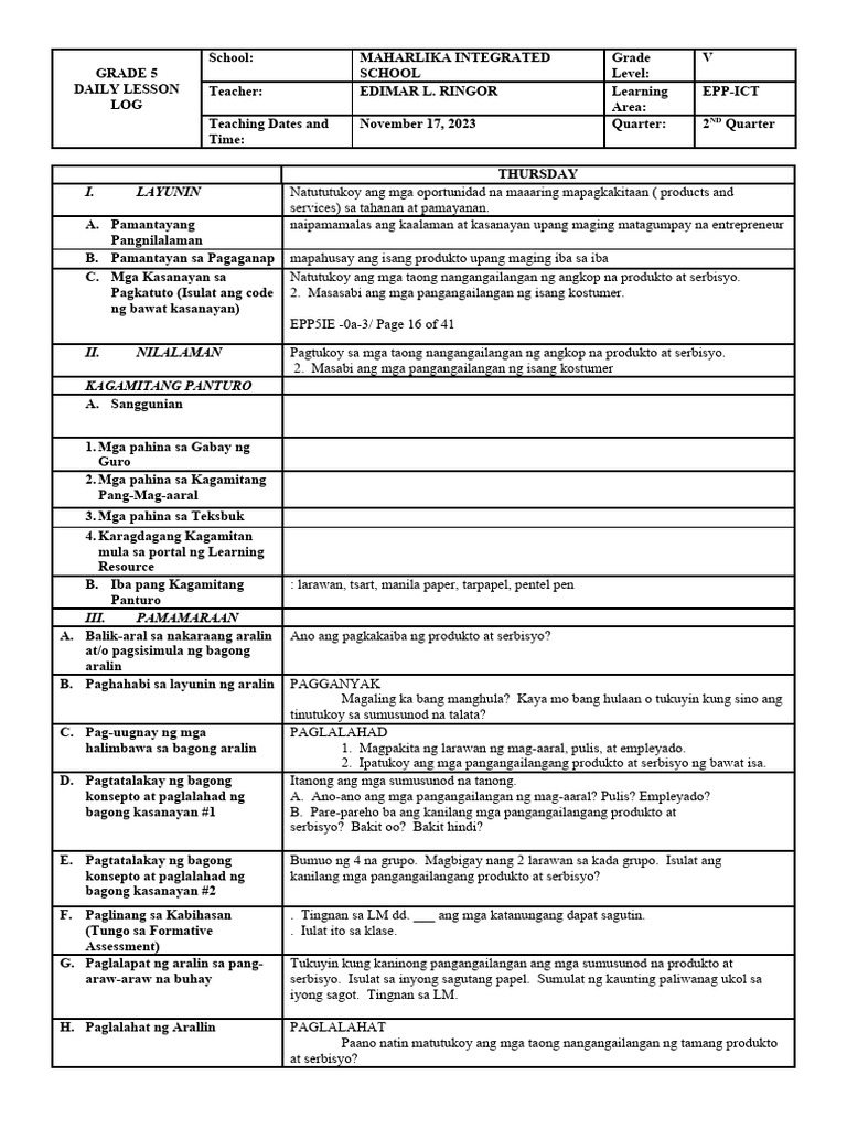 Q2 Grade 5 DLL EPP 5 Week 1-DAY5 | PDF