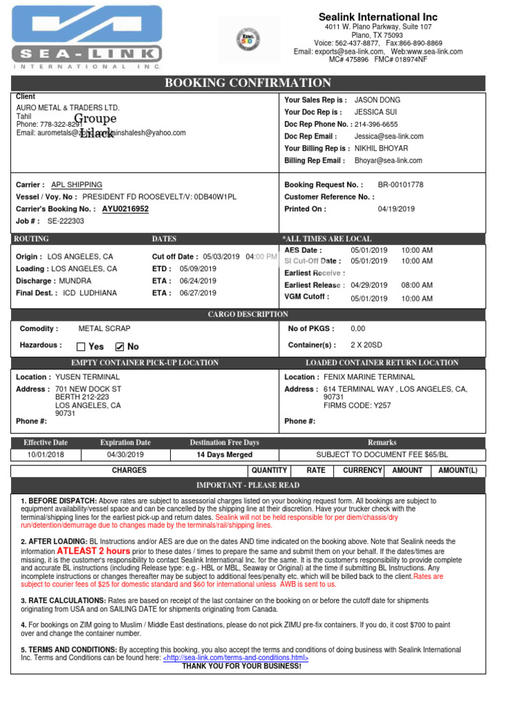 Booking Confirmation Se 222303 | PDF | Transport | Water Transport