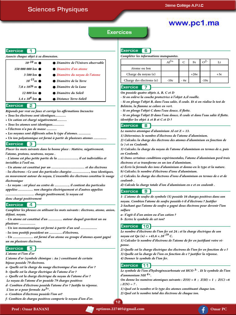Exercices sur Atomes et Ions en Physique | PDF | Atomes | Ion