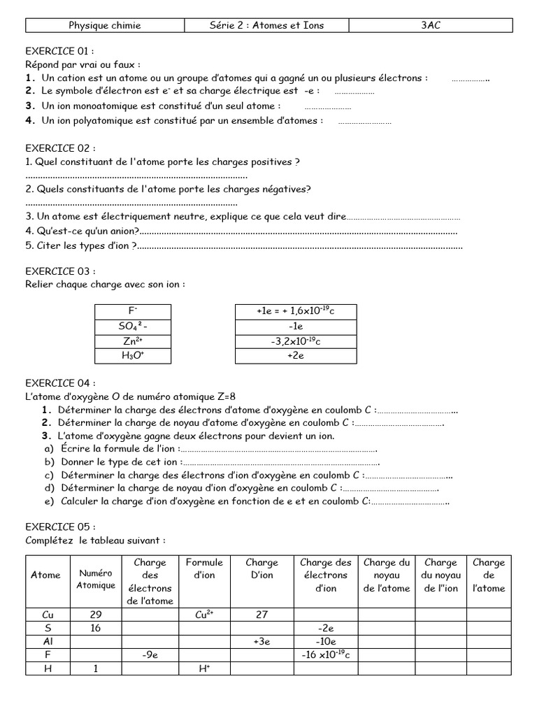 Exercices sur Atomes et Ions 3ème | PDF | Ion | Atomes