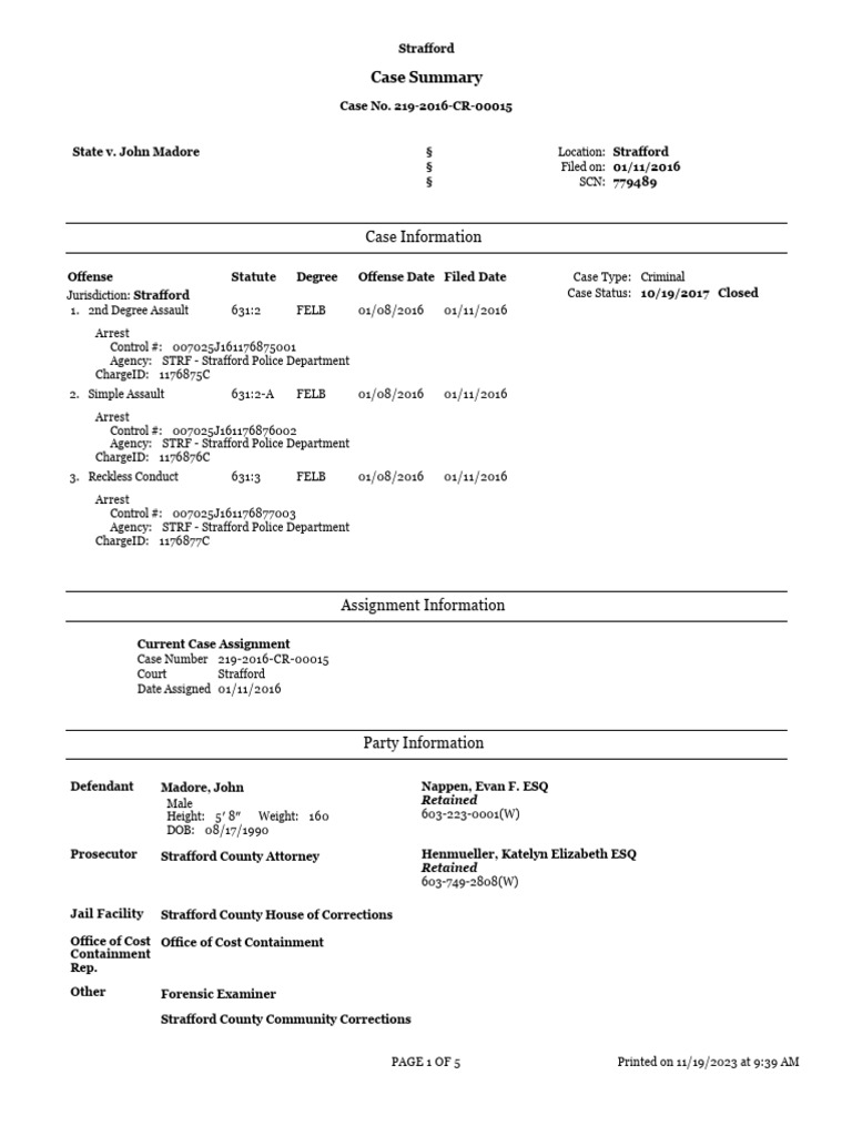 John Madore 2016 Strafford County Court Paperwork PDF Complaint Bail