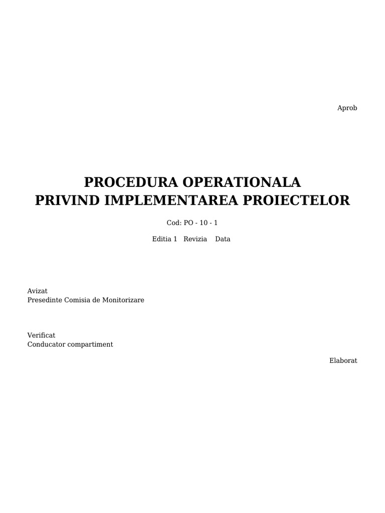 Procedura Operationala Implementare Proiecte | PDF