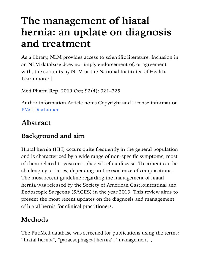 The Management of Hiatal Hernia - An Update On Diagnosis and Treatment