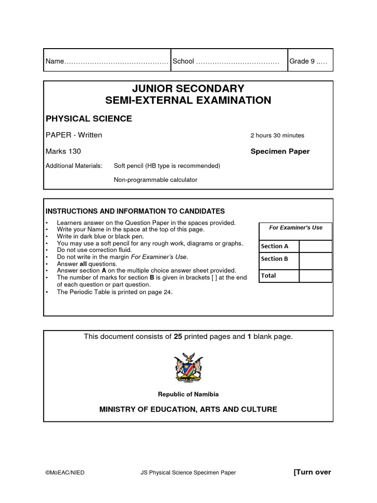 Physical Science Specimen Paper Grade 9 | PDF | Oxide | Density
