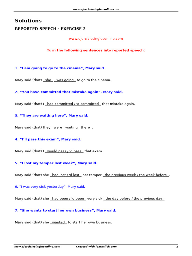 Reported Speech Exercise 2 | PDF
