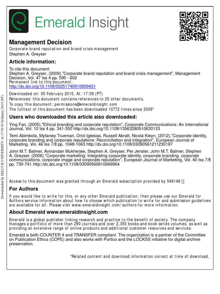 Corporate Brand Reputation And Brand Crisis Management Pdf Brand