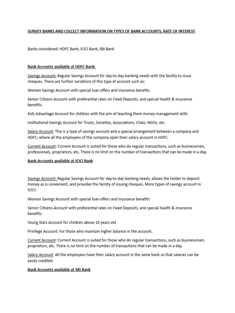 Survey of Different Bank Accounts and Interest Rate Offered | PDF ...