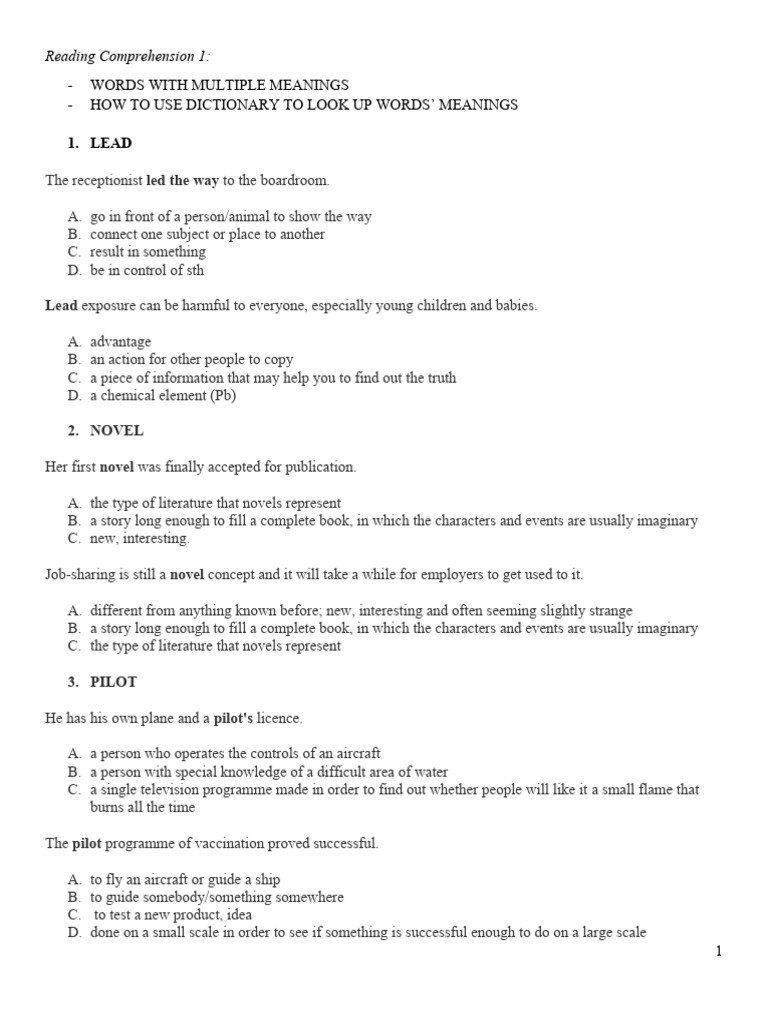 Reading comprehension 1 words with multiple meanings pdf