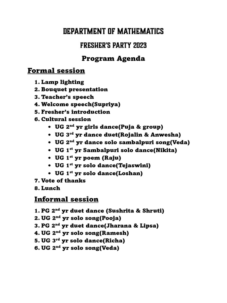 Formal Program Agenda