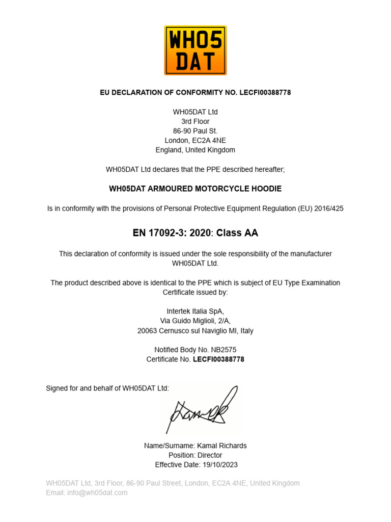 WH05DAT ARMOURED MOTORCYCLE HOODIE EN17092 CE UKCA RATED AA PPE