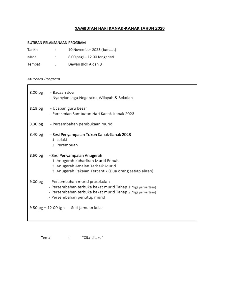 Sambutan Hari Kanak 2023 | PDF