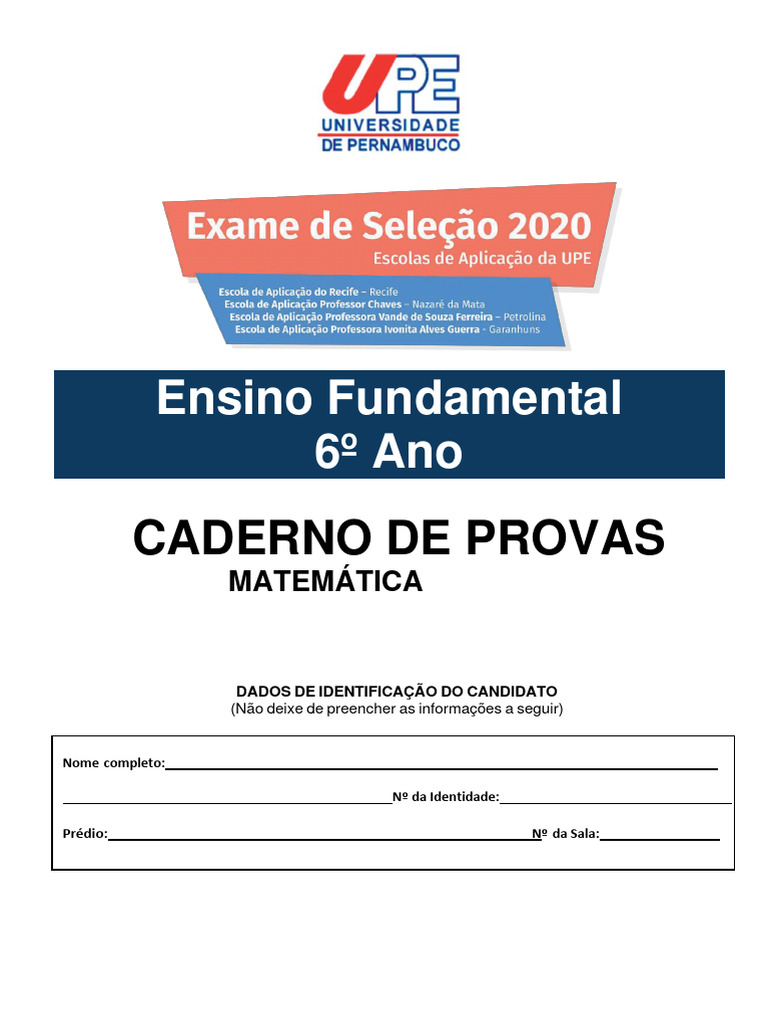 Provas de Matemática - 6º Ano UPE | PDF | Tempo | São Paulo