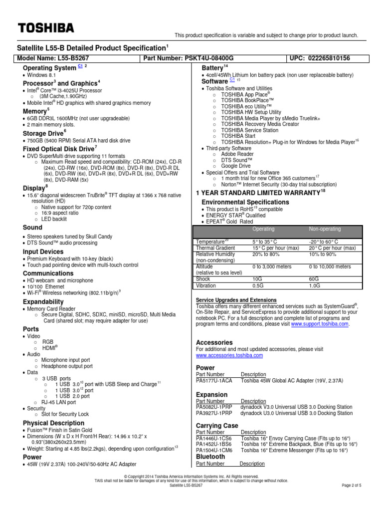 Satellite L55B5267 PDF Usb Personal Computers