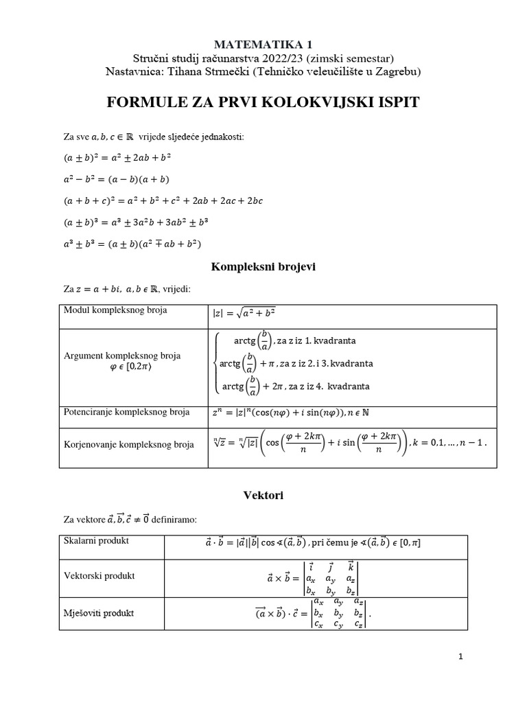Matematika 1 - formule za prvi kolokvij (RAC) | PDF