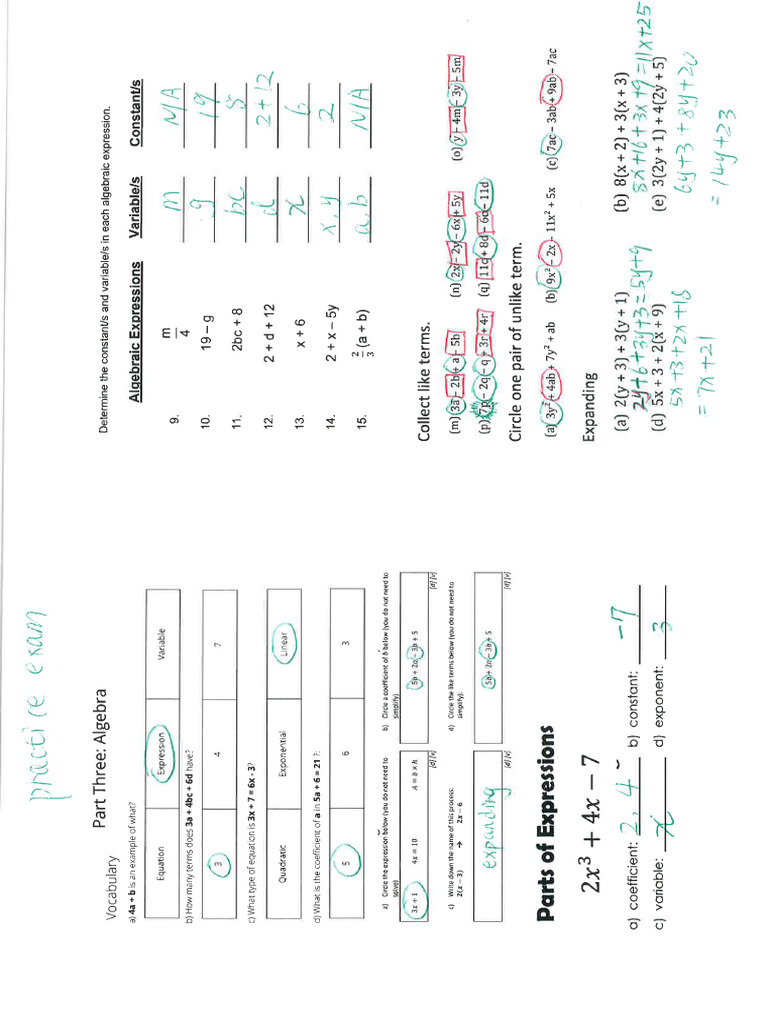 Algebra Vocab Test-Practice Answers | PDF