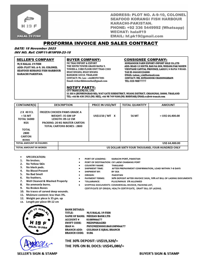 Frozen Chicken Export Invoice | PDF | Bill Of Lading