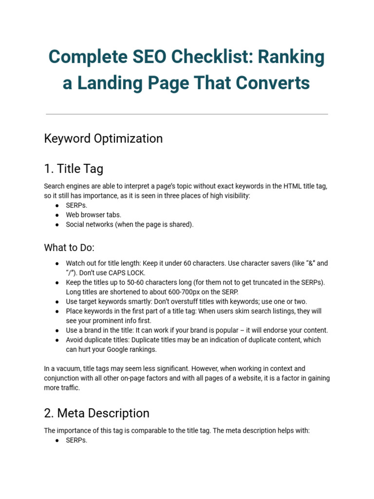 Complete Seo Checklist Pdf Search Engine Optimization Tag Metadata