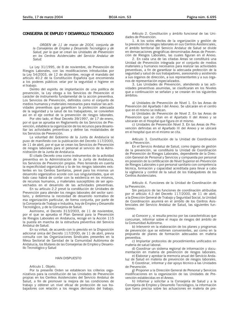 Orden 11 de Marzo 2004. Se Crean Unidades de Prevención en Los Centros