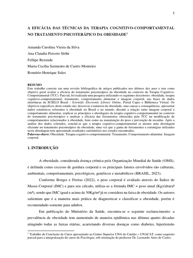 TCC Psicologia 2023 | PDF | Terapia cognitiva comportamental | Obesidade