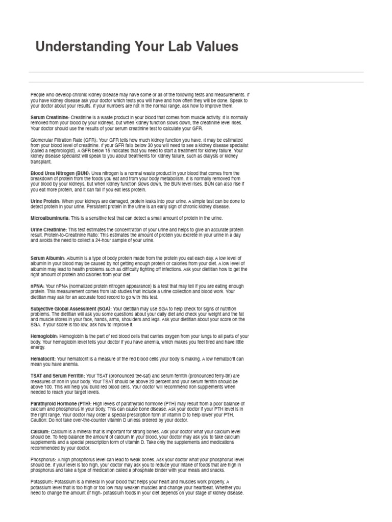 Understanding Your Lab Values National Kidney Foundation PDF