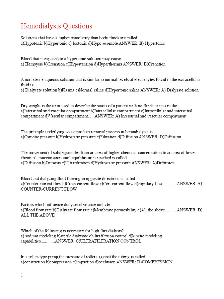 Hemodialysis Questions PDF Hemodialysis Osmosis