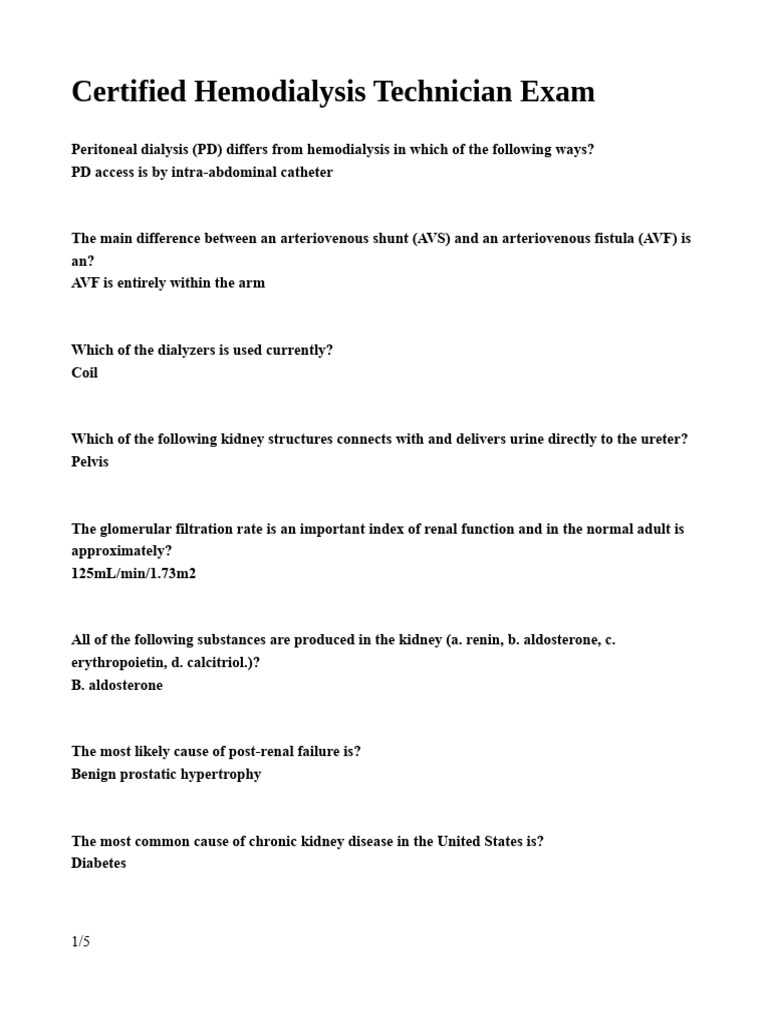 Certified Hemodialysis Technician Exam PDF Hemodialysis Kidney