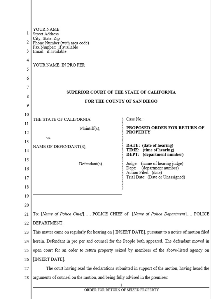 Order For Return of Seized Property PDF Pro Se Legal Representation