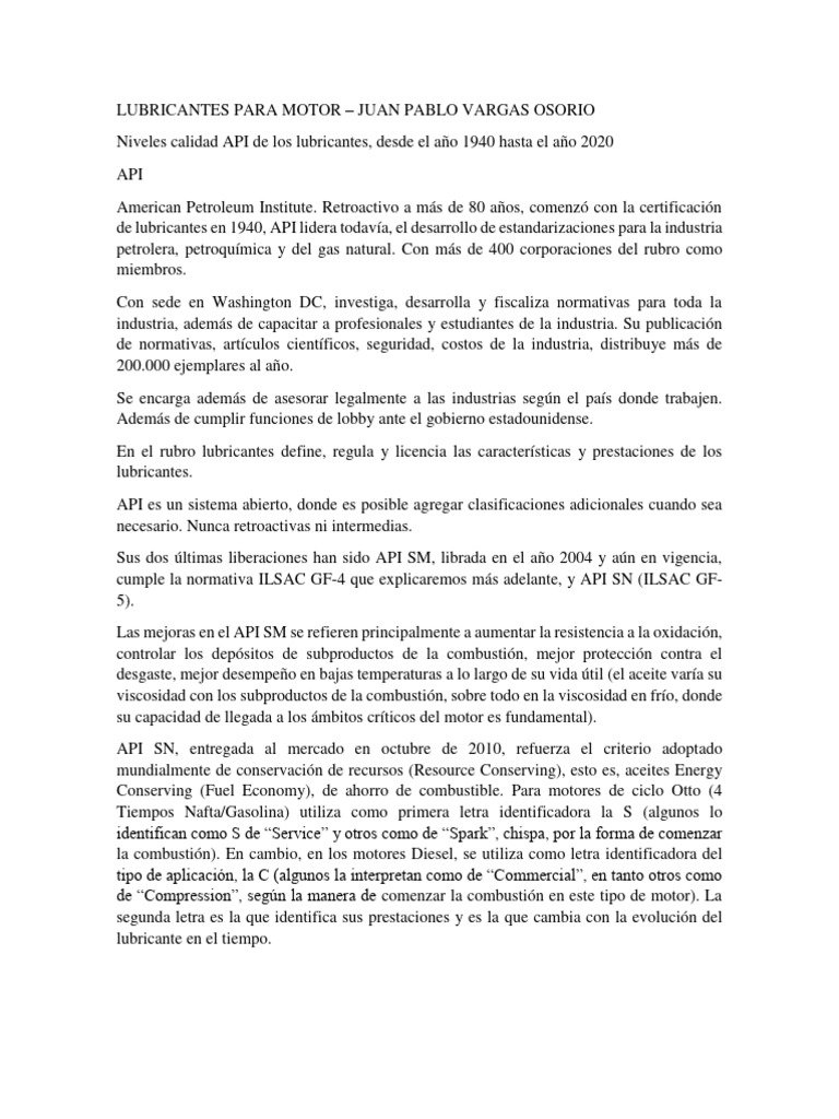 Niveles Calidad API de Los Lubricantes, Desde El Año 1940 Hasta El Año ...
