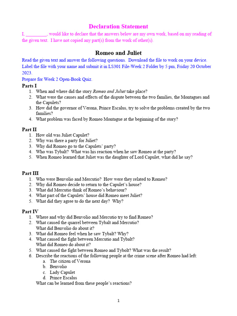 Romeo&amp;Juliet Comprehension Questions | PDF | Characters In Romeo 