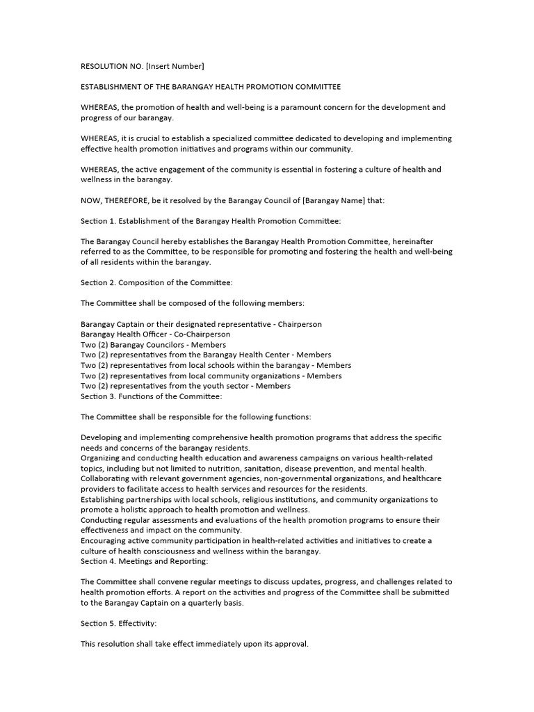 Barangay Health Promotion Committee Resolution | PDF | Health Promotion ...
