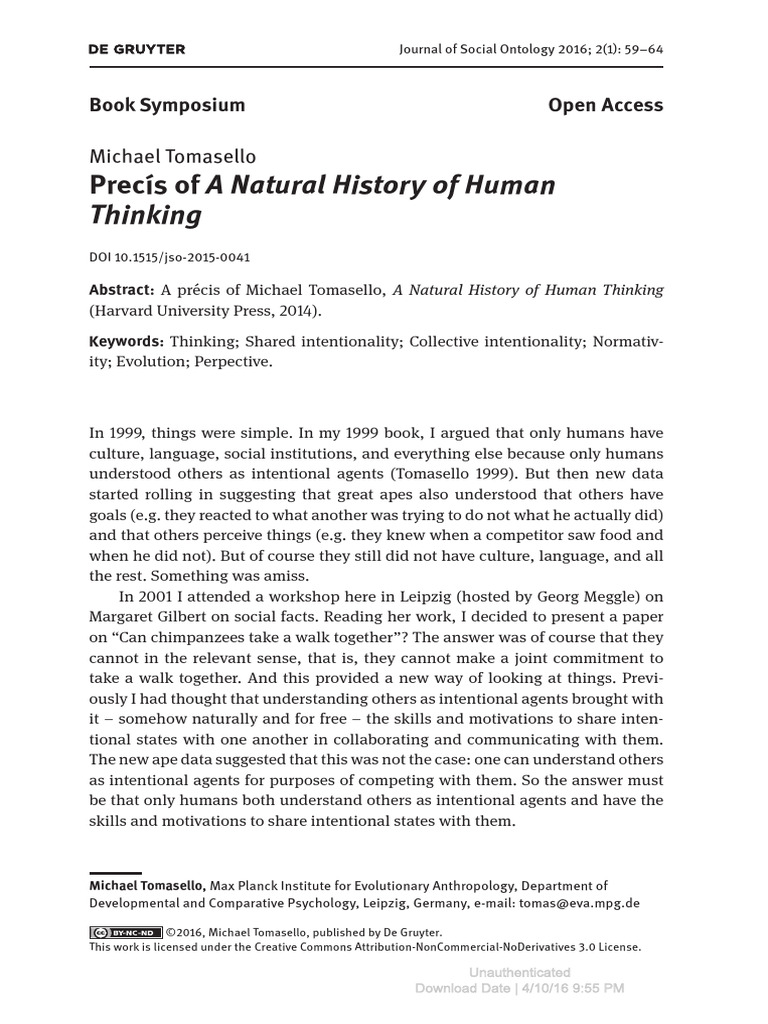 Précis of Tomasello's Human Thinking | PDF | Michael Tomasello | Thought