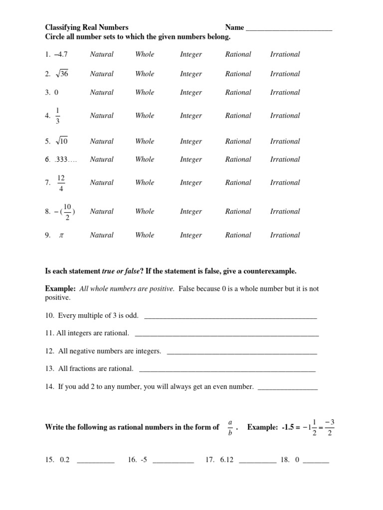 1.3 Classifying Real Numbers Homework Worksheet | PDF
