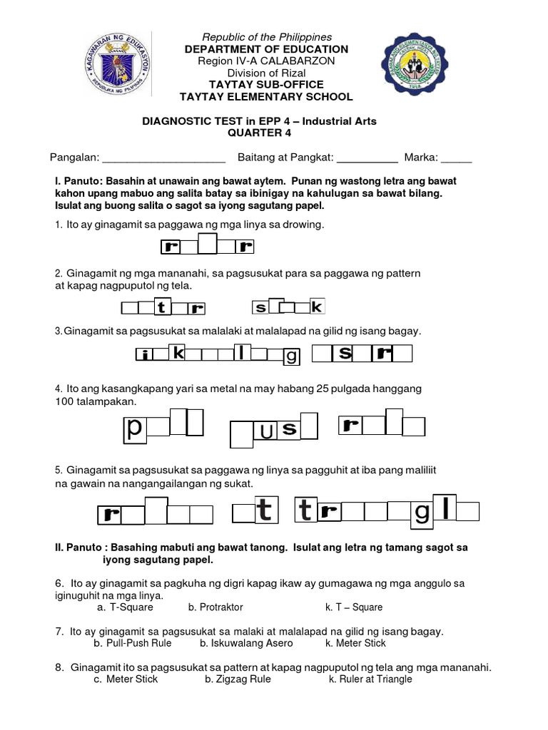 Diagnostic Test in EPP 4 Industrial Arts Robin PDF