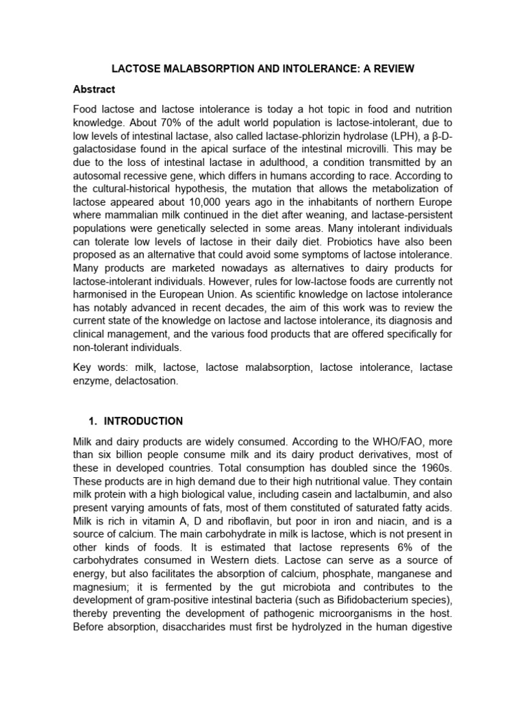 Lactose Malabsorption and Intolerance PDF Food Intolerance Milk