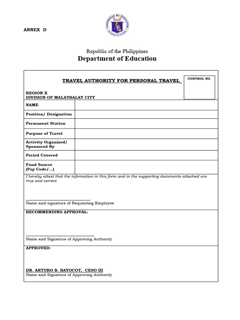 Annex d Travel Authority for Personal Travel PDF