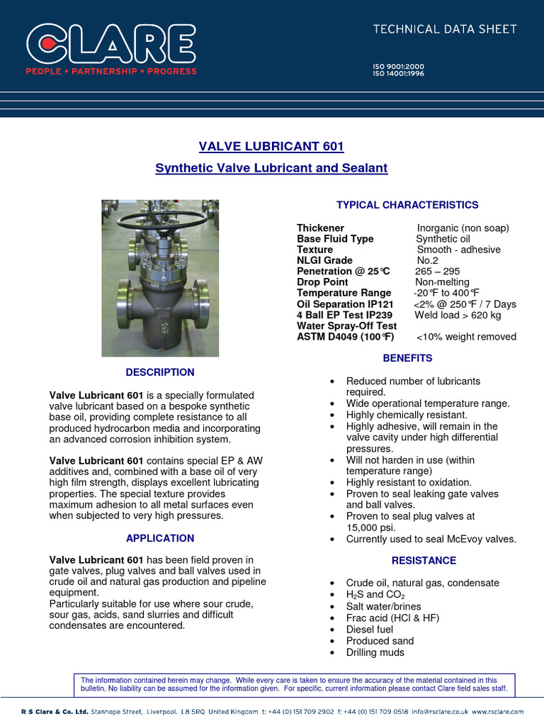 Valve Lubricant 601 Tech Data Sheet (2015) PDF Lubricant Soft