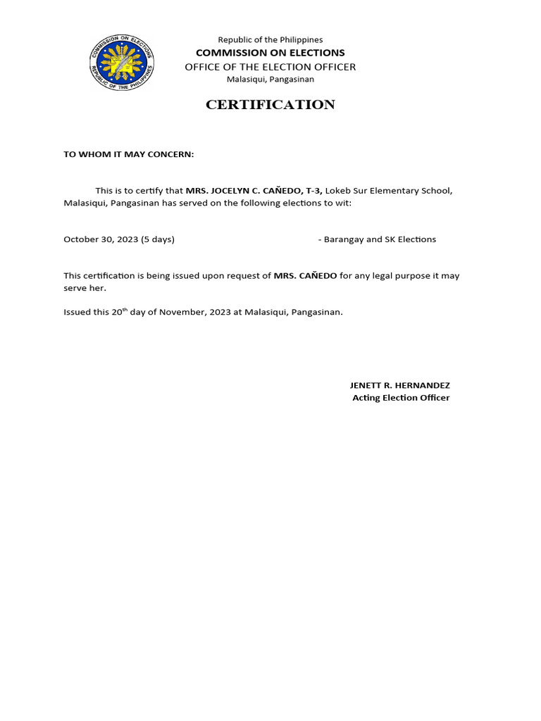 COMELEC Certification | PDF