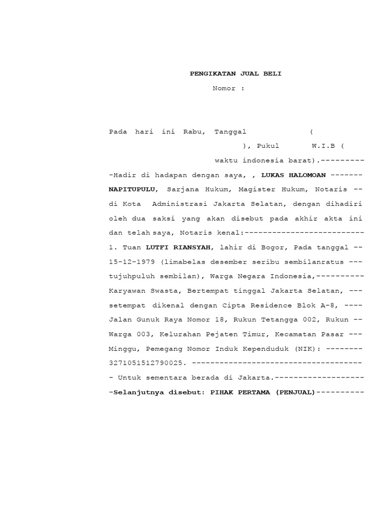 Pengikatan Jual Beli Apartemen Jakarta | PDF