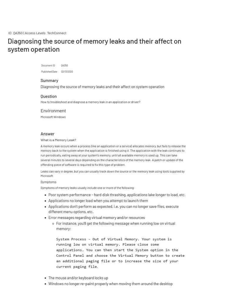 Diagnosing the source of memory leaks and their affect on system
